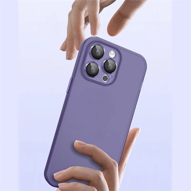 For iPhone 15 Plus Shockproof Phone Case PC+TPU Translucent Matte Cover with Glass Lens Film - Dark Purple
