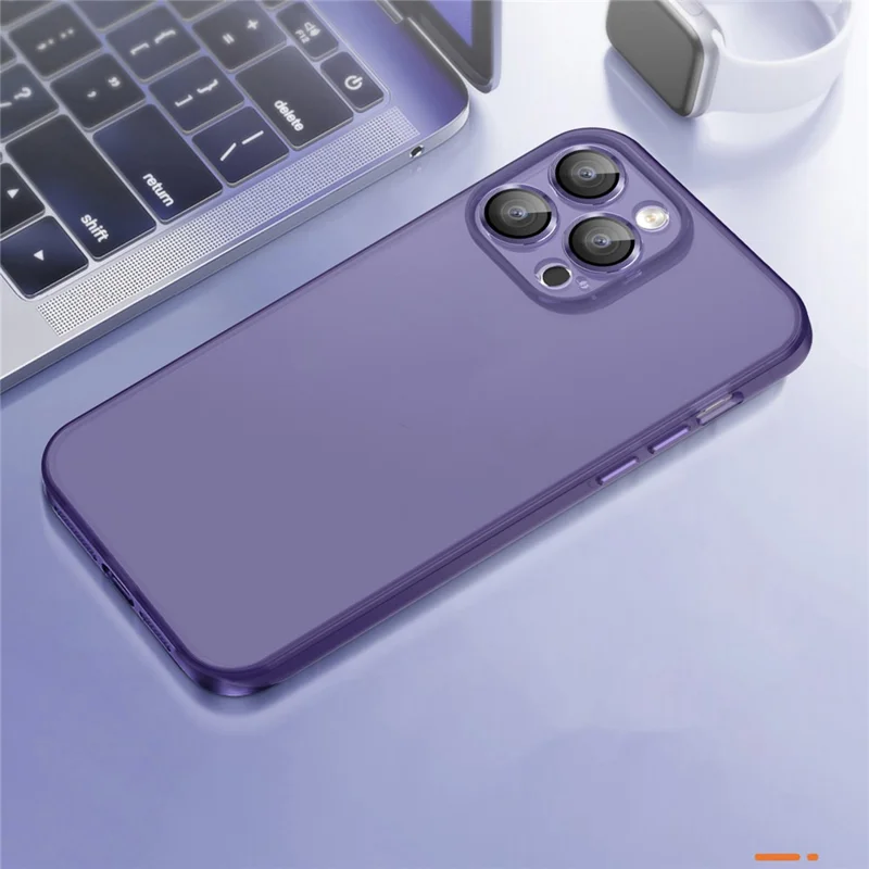 For iPhone 15 Plus Shockproof Phone Case PC+TPU Translucent Matte Cover with Glass Lens Film - Dark Purple