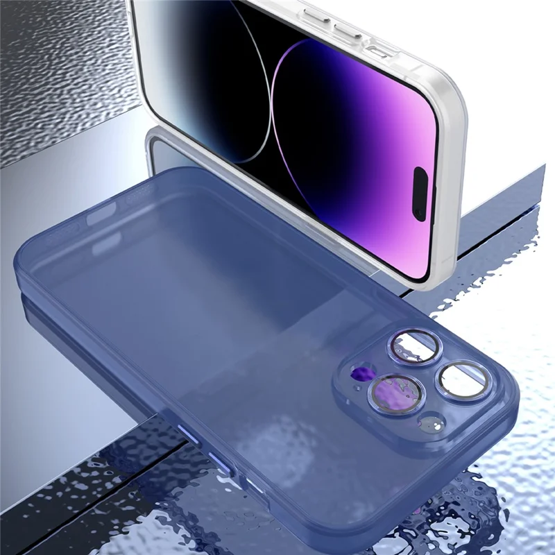 For iPhone 15 Plus Shockproof Phone Case PC+TPU Translucent Matte Cover with Glass Lens Film - Dark Purple