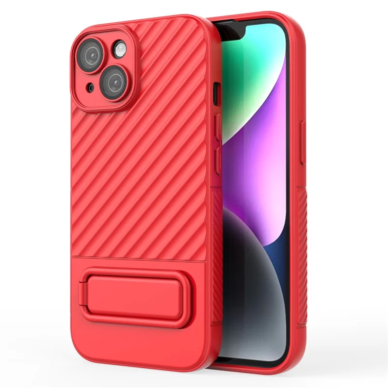 For iPhone 15 Plus Skin-touch Mobile Phone Cover Soft TPU Case with Kickstand - Red