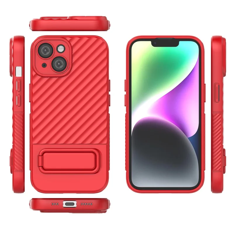 For iPhone 15 Plus Skin-touch Mobile Phone Cover Soft TPU Case with Kickstand - Red