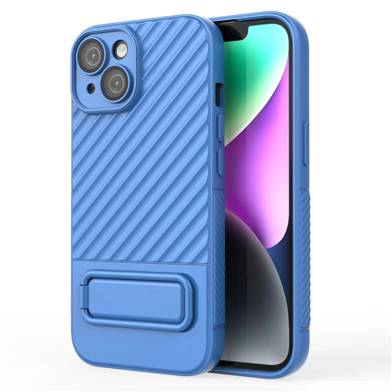 For iPhone 15 Plus Skin-touch Mobile Phone Cover Soft TPU Case with Kickstand - Baby Blue