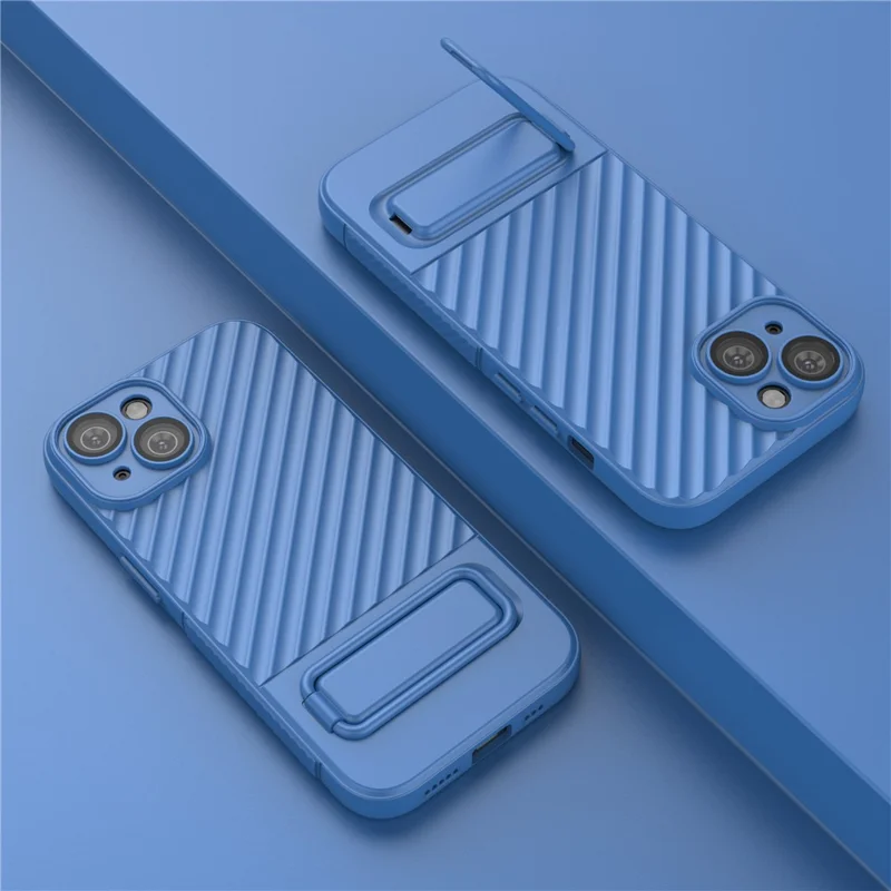 For iPhone 15 Plus Skin-touch Mobile Phone Cover Soft TPU Case with Kickstand - Baby Blue