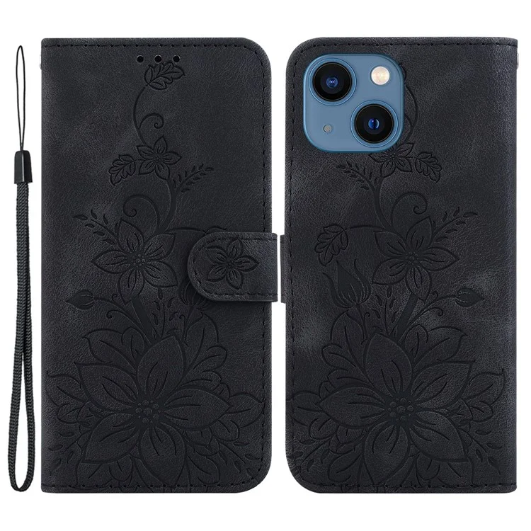 Para iPhone 15 Plus Imprinted Lily Flower Case Shockproof PU Leather Wallet Stand Shell - Preto