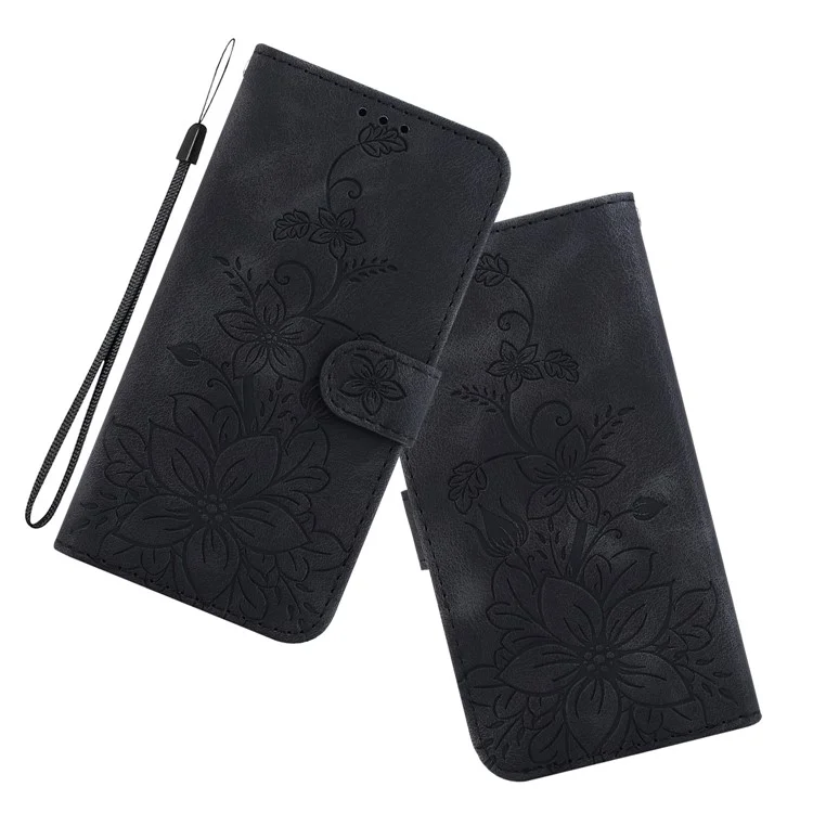 Para iPhone 15 Plus Imprinted Lily Flower Case Shockproof PU Leather Wallet Stand Shell - Preto