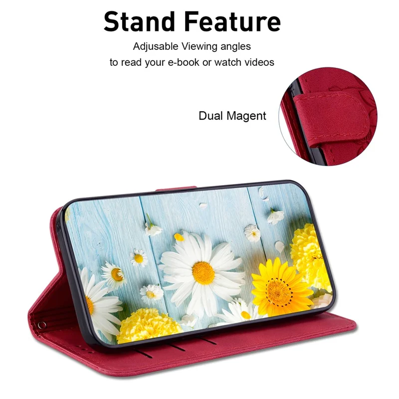 For iPhone 15 Plus Imprinted Lily Flower Case Shockproof PU Leather Wallet Stand Shell - Red