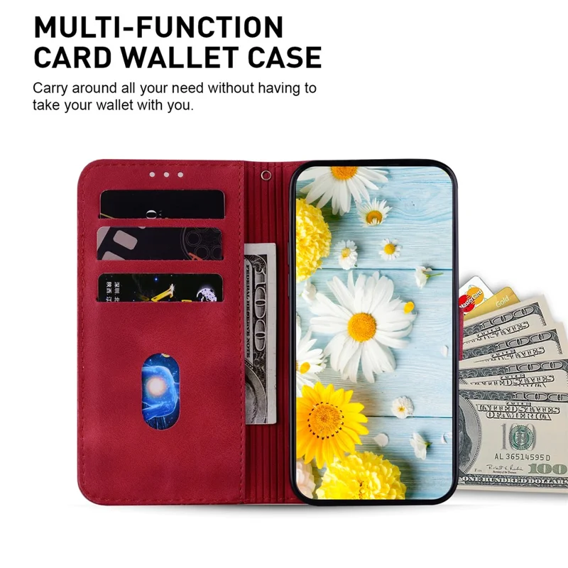 For iPhone 15 Plus Imprinted Lily Flower Case Shockproof PU Leather Wallet Stand Shell - Red
