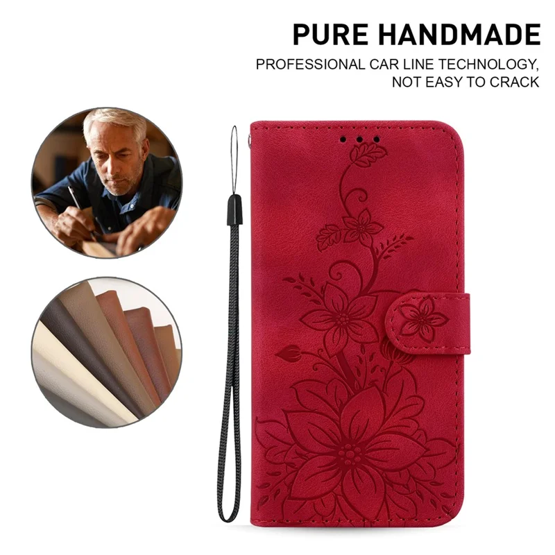 For iPhone 15 Plus Imprinted Lily Flower Case Shockproof PU Leather Wallet Stand Shell - Red