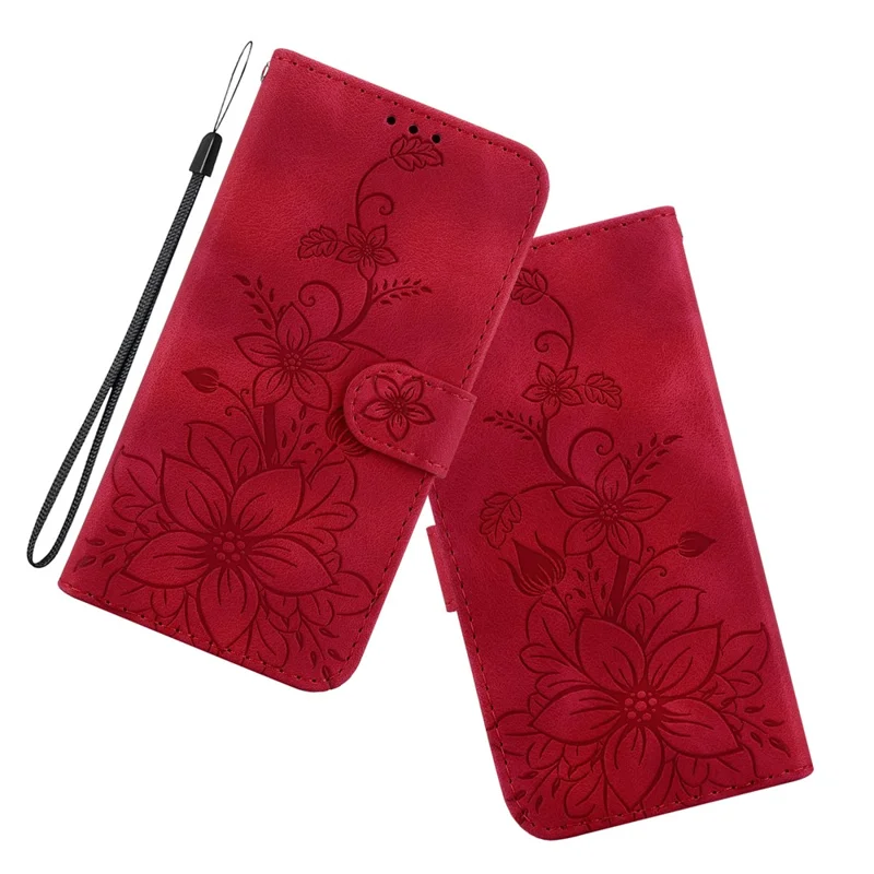 For iPhone 15 Plus Imprinted Lily Flower Case Shockproof PU Leather Wallet Stand Shell - Red