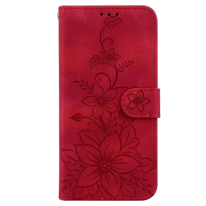 For iPhone 15 Plus Imprinted Lily Flower Case Shockproof PU Leather Wallet Stand Shell - Red