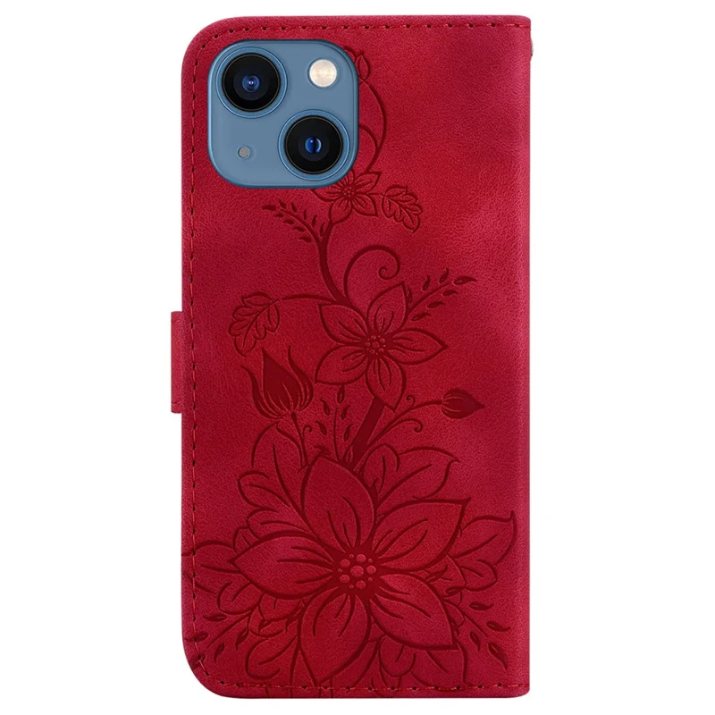 For iPhone 15 Plus Imprinted Lily Flower Case Shockproof PU Leather Wallet Stand Shell - Red