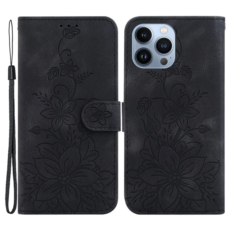 Coque portefeuille en cuir PU résistante aux chocs avec support pour iPhone 15 Pro, motif fleurs de lys imprimées - Noir