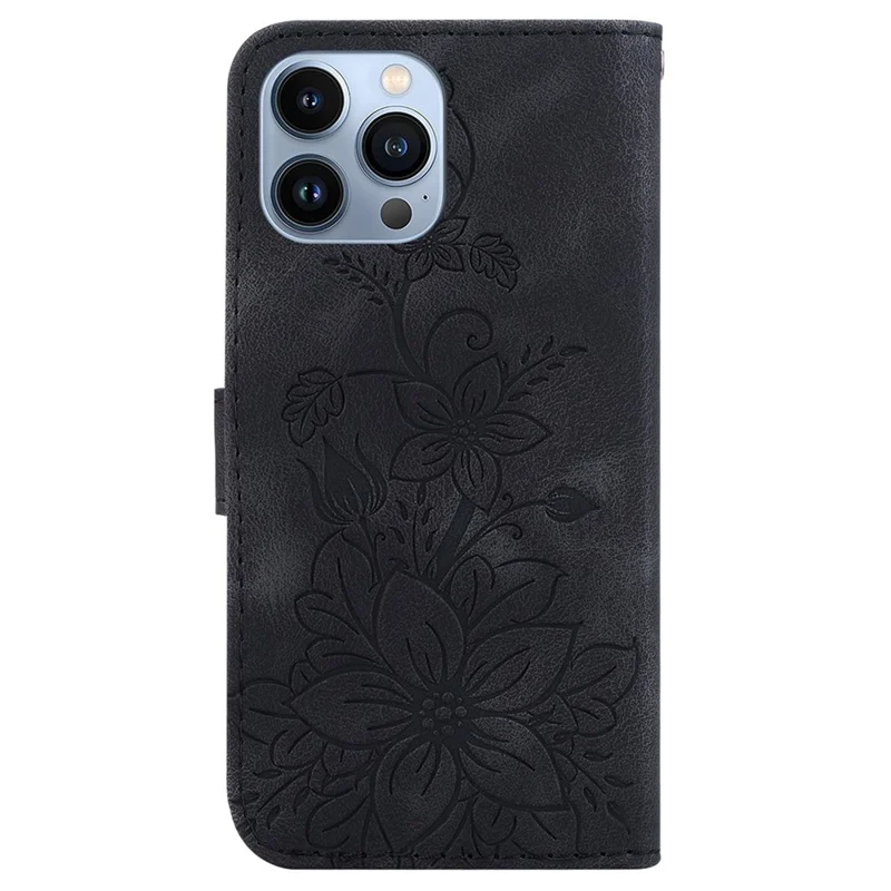 Coque portefeuille en cuir PU résistante aux chocs avec support pour iPhone 15 Pro, motif fleurs de lys imprimées - Noir