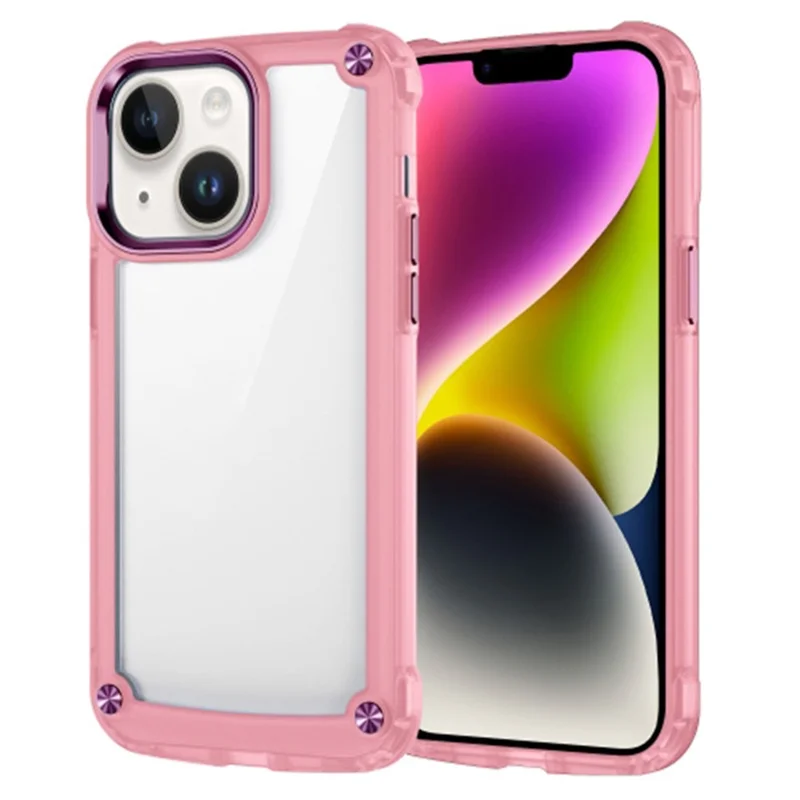 For iPhone 15 Anti-drop PC+TPU Phone Case Alloy Lens Frame Clear Back Cover - Transparent+Pink