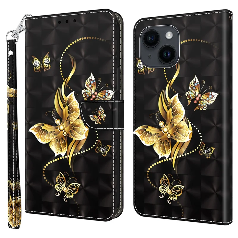For iPhone 15 Protective Wallet Cover PU Leather 3D Pattern Printing Stand Phone Case with Strap - Golden Butterfly