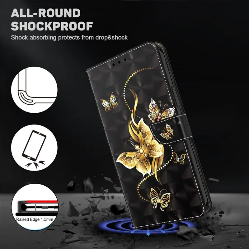 For iPhone 15 Protective Wallet Cover PU Leather 3D Pattern Printing Stand Phone Case with Strap - Golden Butterfly