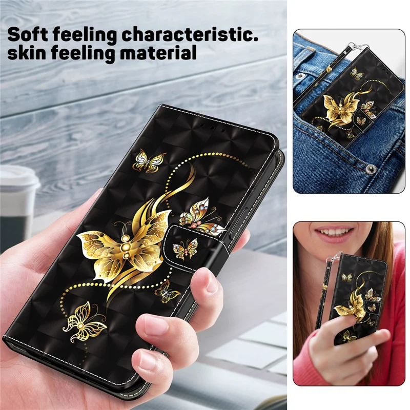 For iPhone 15 Protective Wallet Cover PU Leather 3D Pattern Printing Stand Phone Case with Strap - Golden Butterfly