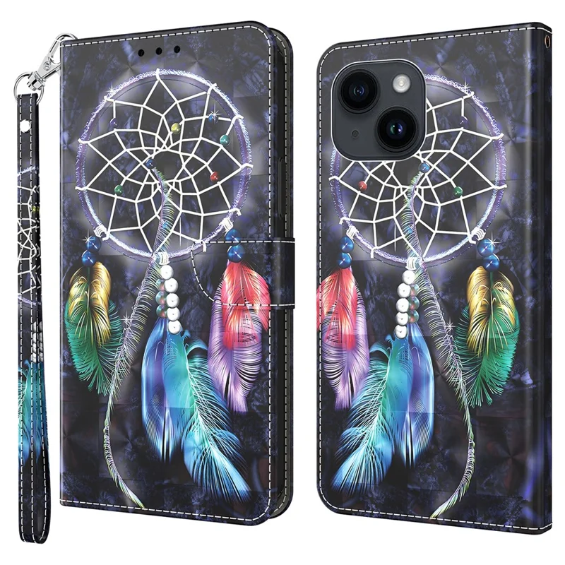 Für iPhone 15 Schutzhülle mit Geldbörse PU-Leder 3D-Muster Bedruckt Standfunktion Handyhülle mit Gurt - Traumfänger