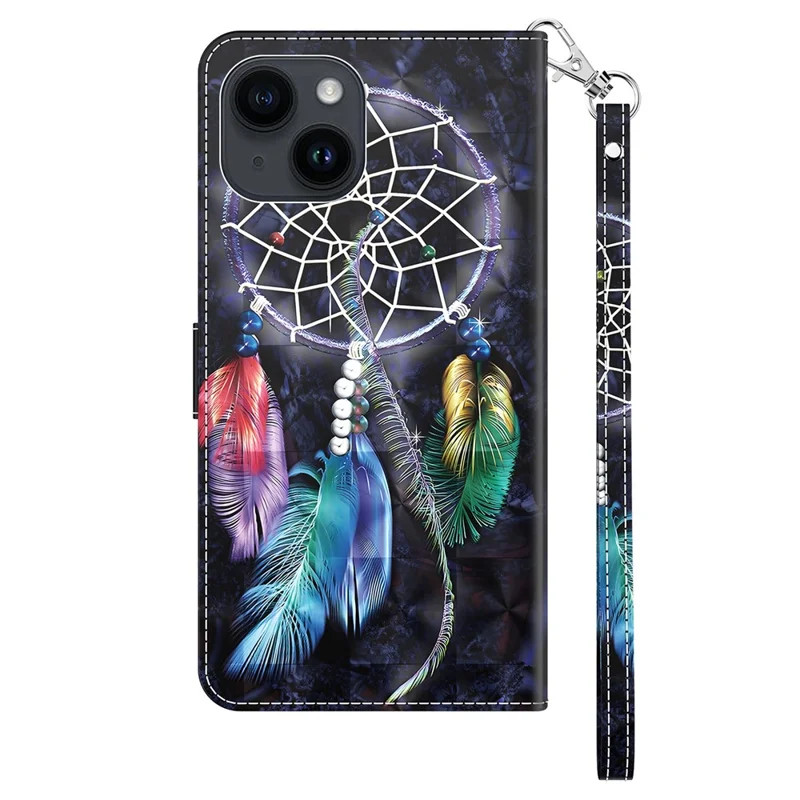 Für iPhone 15 Schutzhülle mit Geldbörse PU-Leder 3D-Muster Bedruckt Standfunktion Handyhülle mit Gurt - Traumfänger