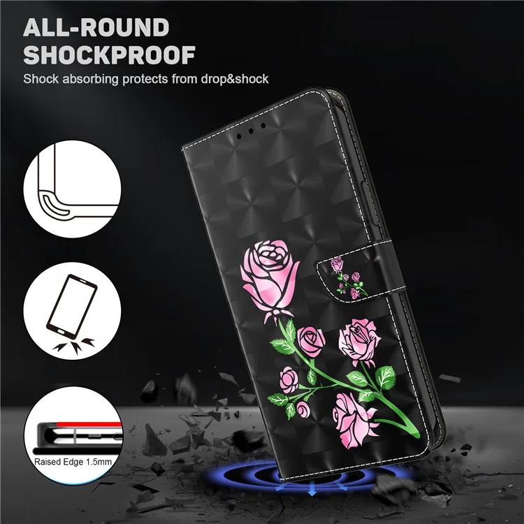 Para iPhone 15 Plus Capa de Carteira de Couro PU Flip Stand 3D Pattern Printing Phone Cover com Alça - Flor de Rosa