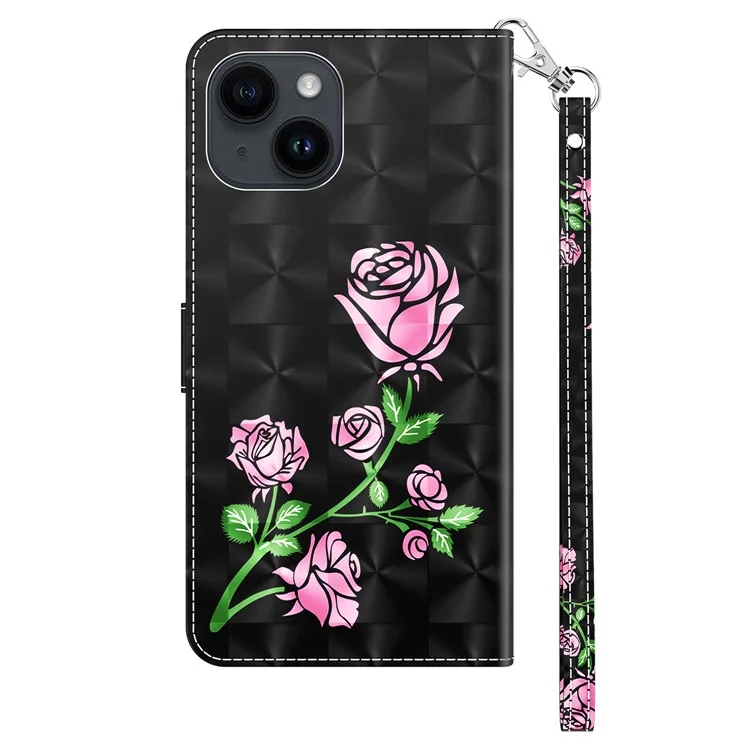 Para iPhone 15 Plus Capa de Carteira de Couro PU Flip Stand 3D Pattern Printing Phone Cover com Alça - Flor de Rosa