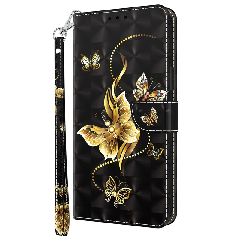 For iPhone 15 Plus PU Leather Wallet Case Flip Stand 3D Pattern Printing Phone Cover with Strap - Golden Butterfly