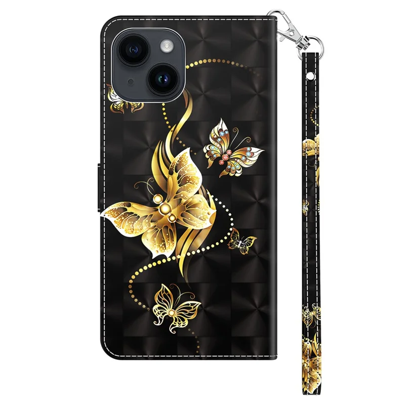 For iPhone 15 Plus PU Leather Wallet Case Flip Stand 3D Pattern Printing Phone Cover with Strap - Golden Butterfly