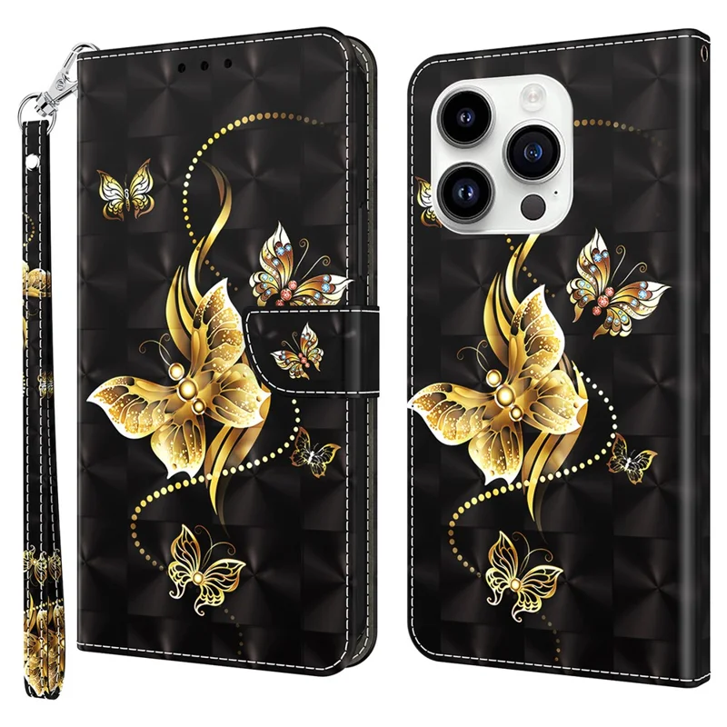 For iPhone 15 Pro Max PU Leather Phone Case Wallet Stand 3D Pattern Printing Folio Cover with Strap - Golden Butterfly