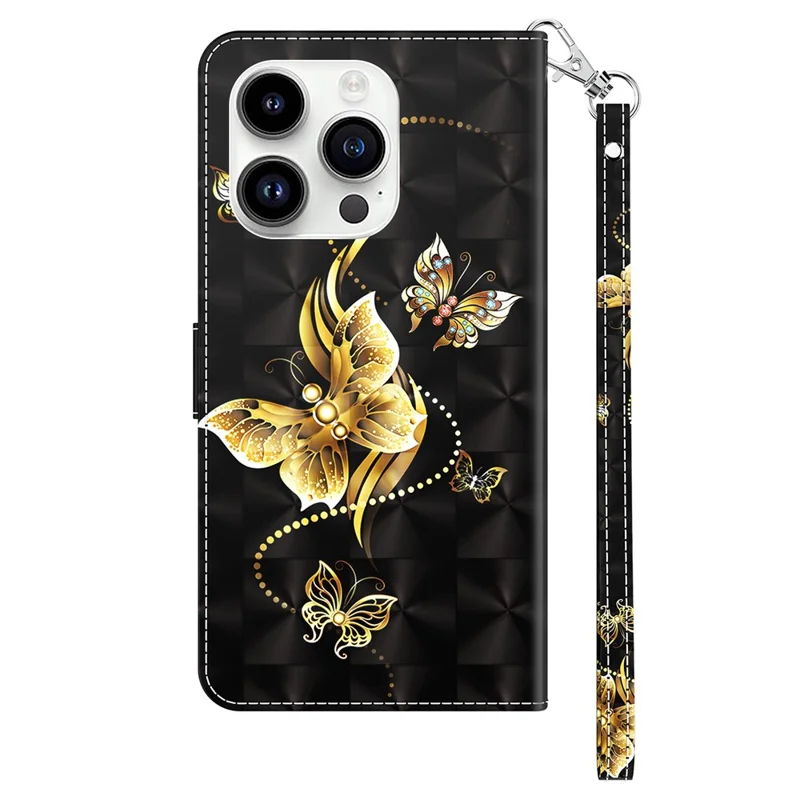 For iPhone 15 Pro Max PU Leather Phone Case Wallet Stand 3D Pattern Printing Folio Cover with Strap - Golden Butterfly