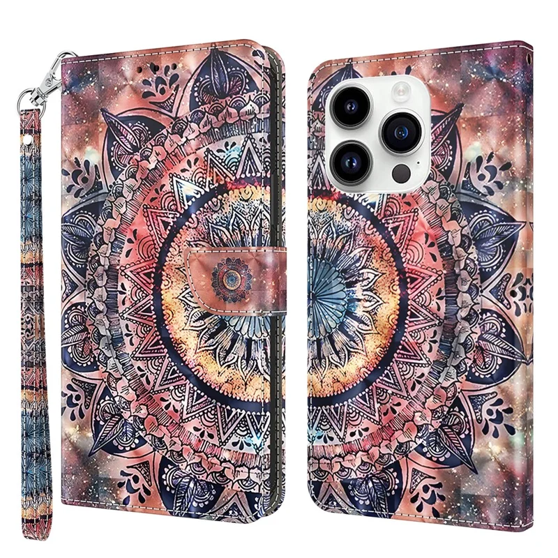 For iPhone 15 Pro Max PU Leather Phone Case Wallet Stand 3D Pattern Printing Folio Cover with Strap - Color Mandala