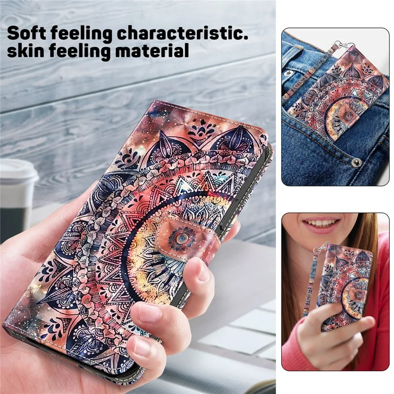 For iPhone 15 Pro Max PU Leather Phone Case Wallet Stand 3D Pattern Printing Folio Cover with Strap - Color Mandala