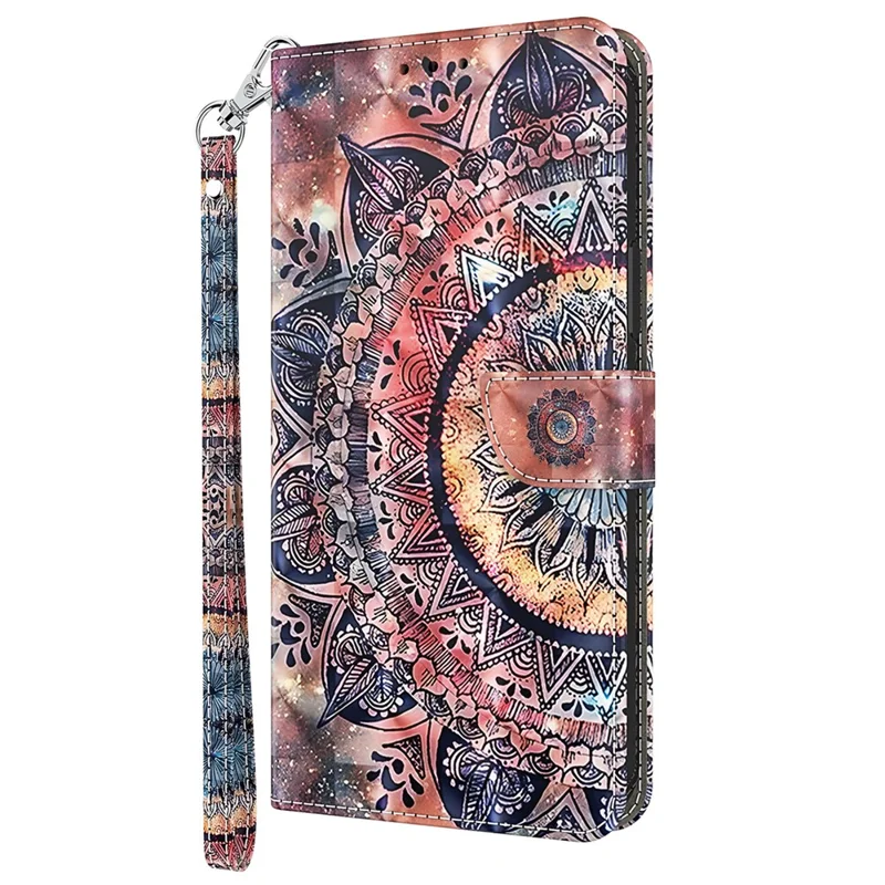 For iPhone 15 Pro Max PU Leather Phone Case Wallet Stand 3D Pattern Printing Folio Cover with Strap - Color Mandala