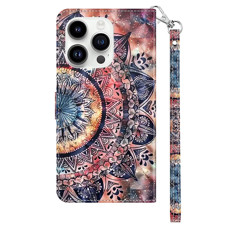 For iPhone 15 Pro Max PU Leather Phone Case Wallet Stand 3D Pattern Printing Folio Cover with Strap - Color Mandala