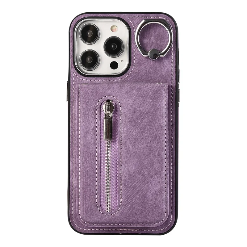 Para iPhone 15 Plus Zipper Pocket Phone Case Leather+TPU Kickstand Cover with Hand Strap and Shoulder Strap - Roxo