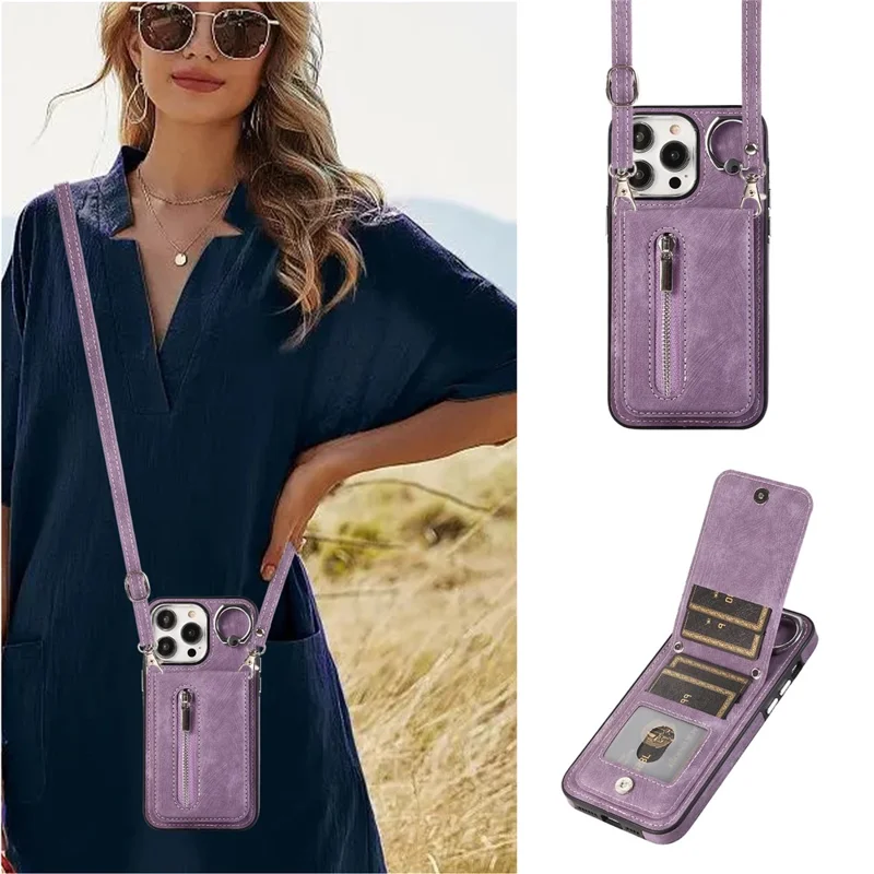 Para iPhone 15 Plus Zipper Pocket Phone Case Leather+TPU Kickstand Cover with Hand Strap and Shoulder Strap - Roxo