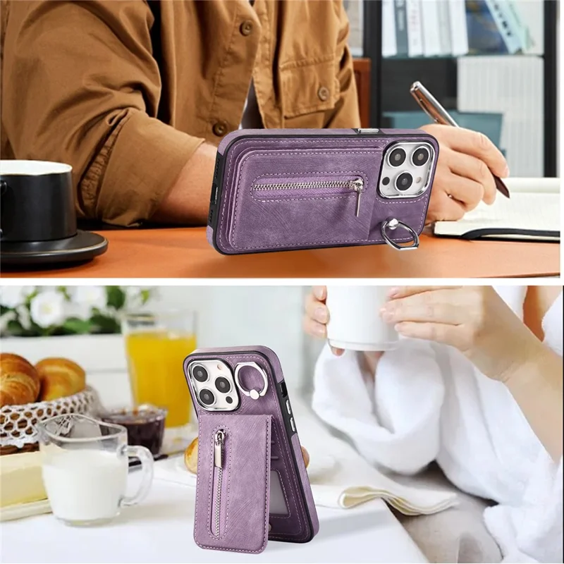 Para iPhone 15 Plus Zipper Pocket Phone Case Leather+TPU Kickstand Cover with Hand Strap and Shoulder Strap - Roxo