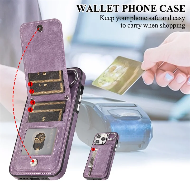 Para iPhone 15 Plus Zipper Pocket Phone Case Leather+TPU Kickstand Cover with Hand Strap and Shoulder Strap - Roxo