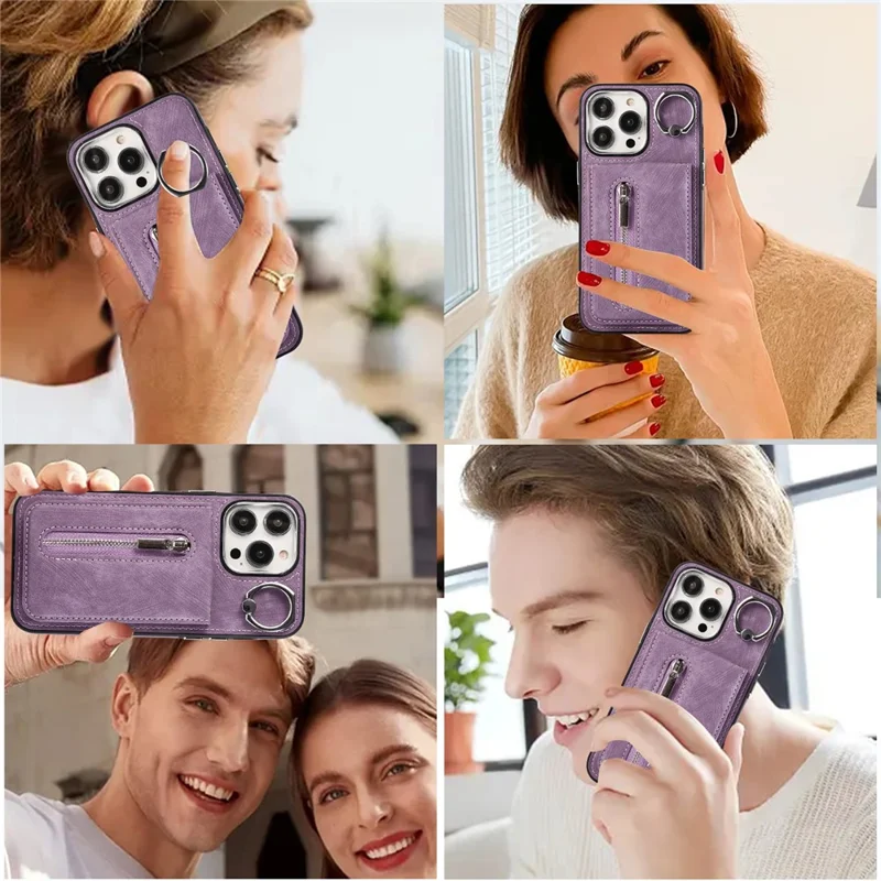 Para iPhone 15 Plus Zipper Pocket Phone Case Leather+TPU Kickstand Cover with Hand Strap and Shoulder Strap - Roxo