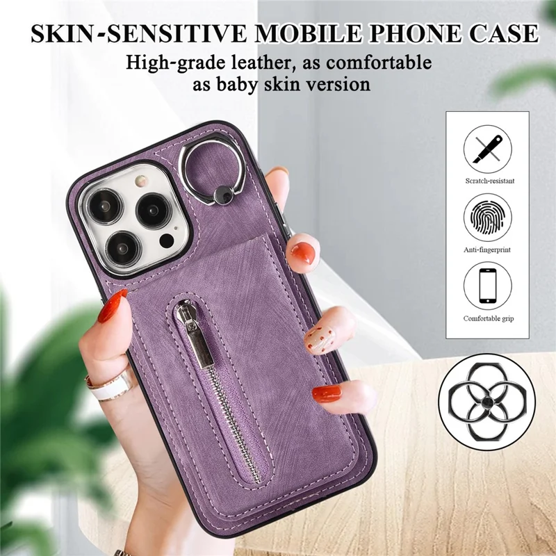 Para iPhone 15 Plus Zipper Pocket Phone Case Leather+TPU Kickstand Cover with Hand Strap and Shoulder Strap - Roxo