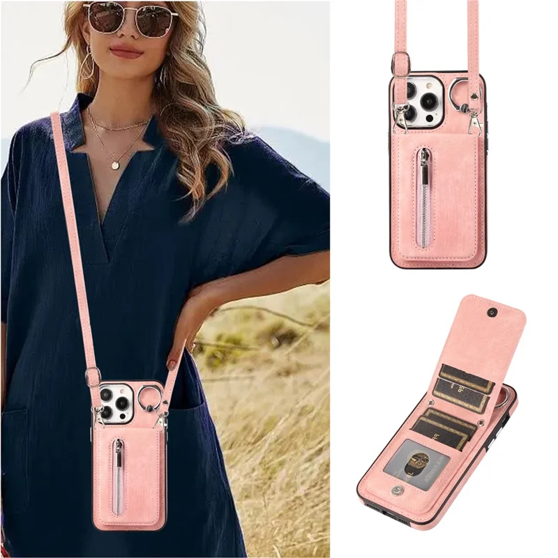 For iPhone 15 Plus Zipper Pocket Phone Case Leather+TPU Kickstand Cover with Hand Strap and Shoulder Strap - Pink