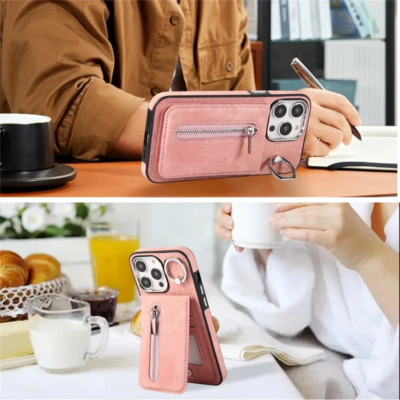 For iPhone 15 Plus Zipper Pocket Phone Case Leather+TPU Kickstand Cover with Hand Strap and Shoulder Strap - Pink
