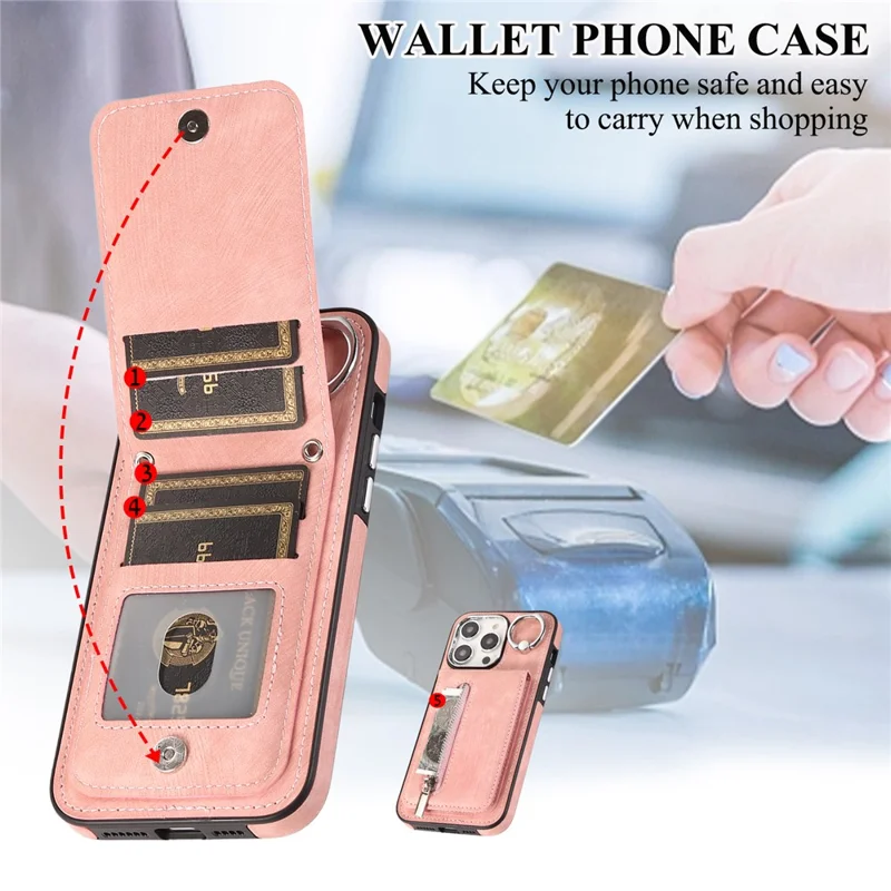For iPhone 15 Plus Zipper Pocket Phone Case Leather+TPU Kickstand Cover with Hand Strap and Shoulder Strap - Pink