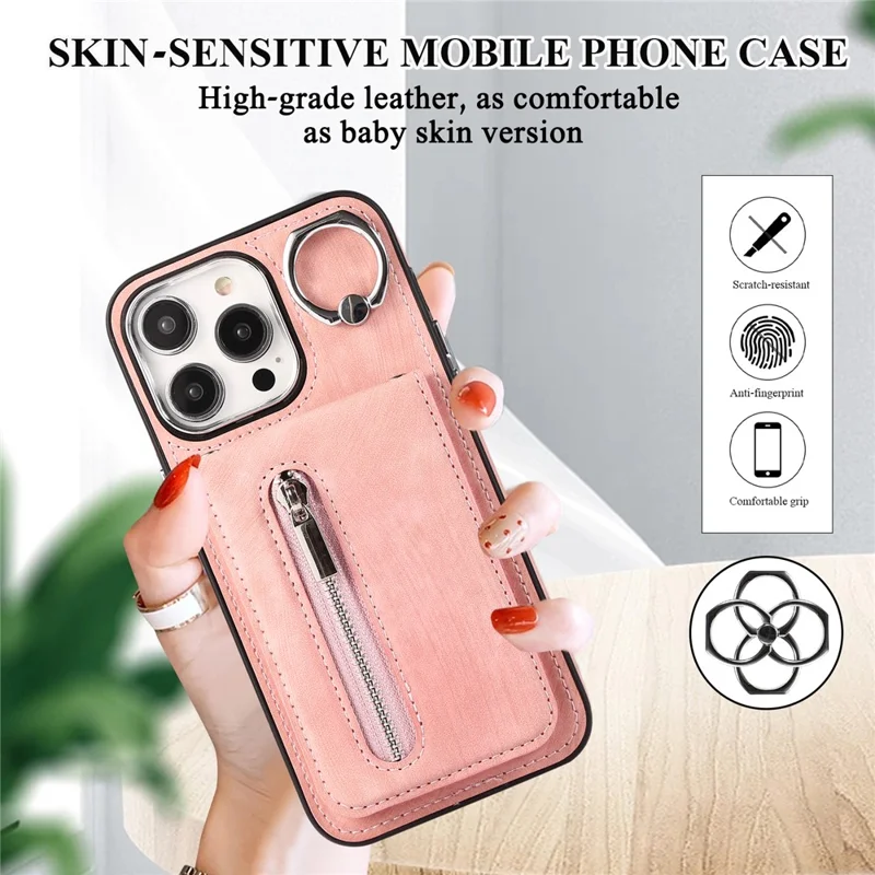 For iPhone 15 Plus Zipper Pocket Phone Case Leather+TPU Kickstand Cover with Hand Strap and Shoulder Strap - Pink