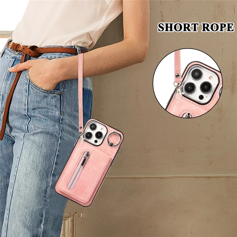 For iPhone 15 Plus Zipper Pocket Phone Case Leather+TPU Kickstand Cover with Hand Strap and Shoulder Strap - Pink