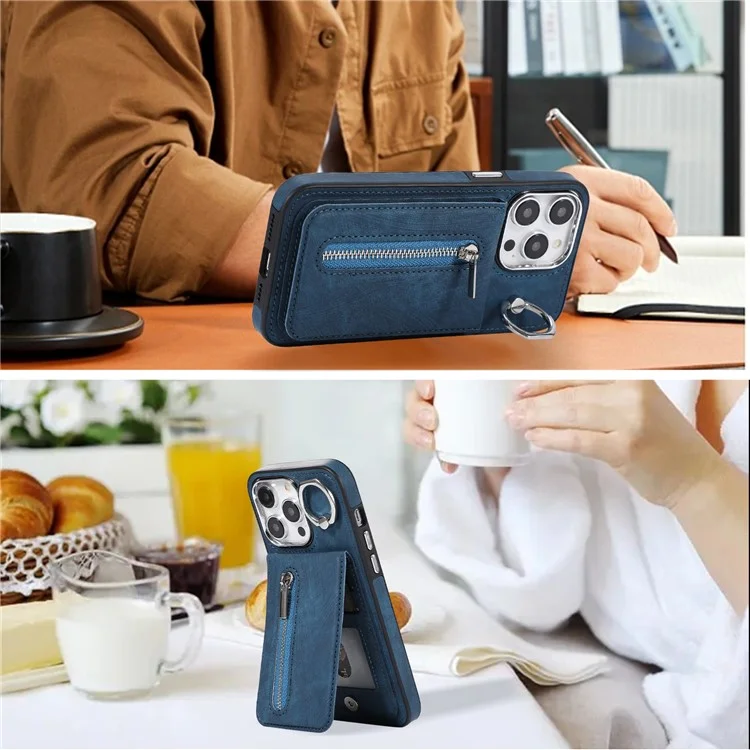Para iPhone 15 Pro Max Kickstand Phone Cover PU Leather Coated TPU Zipper Pocket Case with Hand Strap - Azul