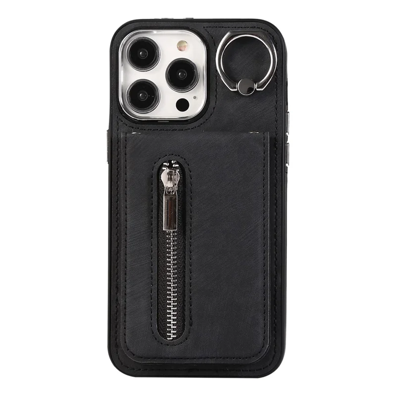 Per iPhone 15 Pro Max Kickstand Case Zipper Pocket Leather+TPU Phone Cover con tracolla e tracolla - Nero