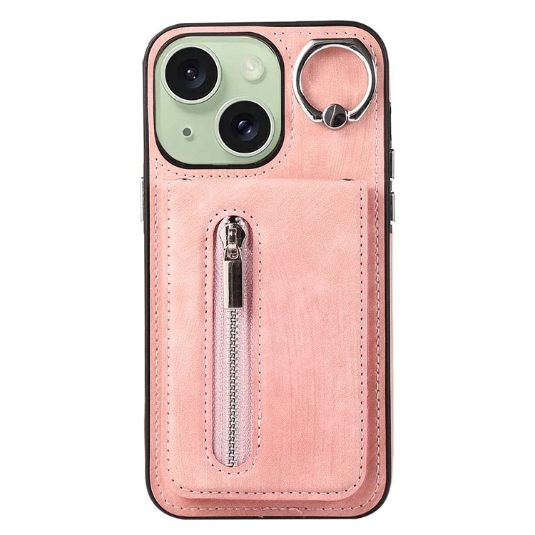 Kickstand Zipper Pocket Phone Case für iPhone 15 Plus, PU-Leder beschichtetes TPU-Cover mit Handgriff - Pink