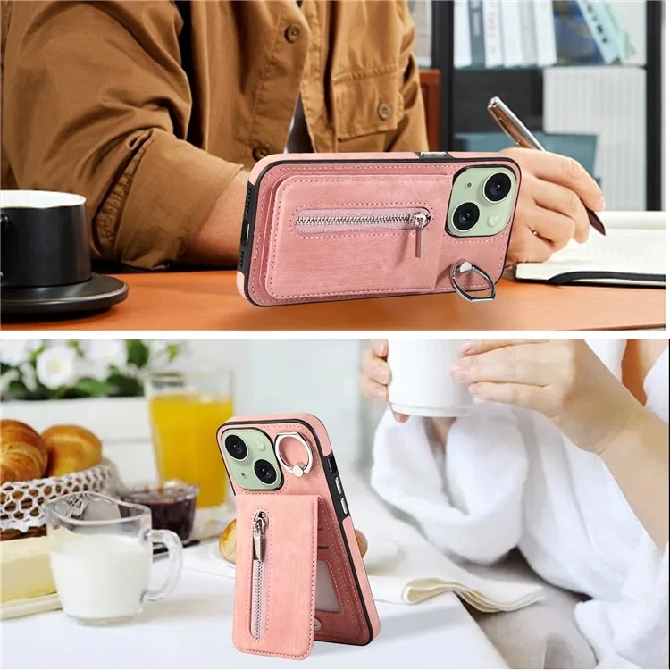 Kickstand Zipper Pocket Phone Case für iPhone 15 Plus, PU-Leder beschichtetes TPU-Cover mit Handgriff - Pink