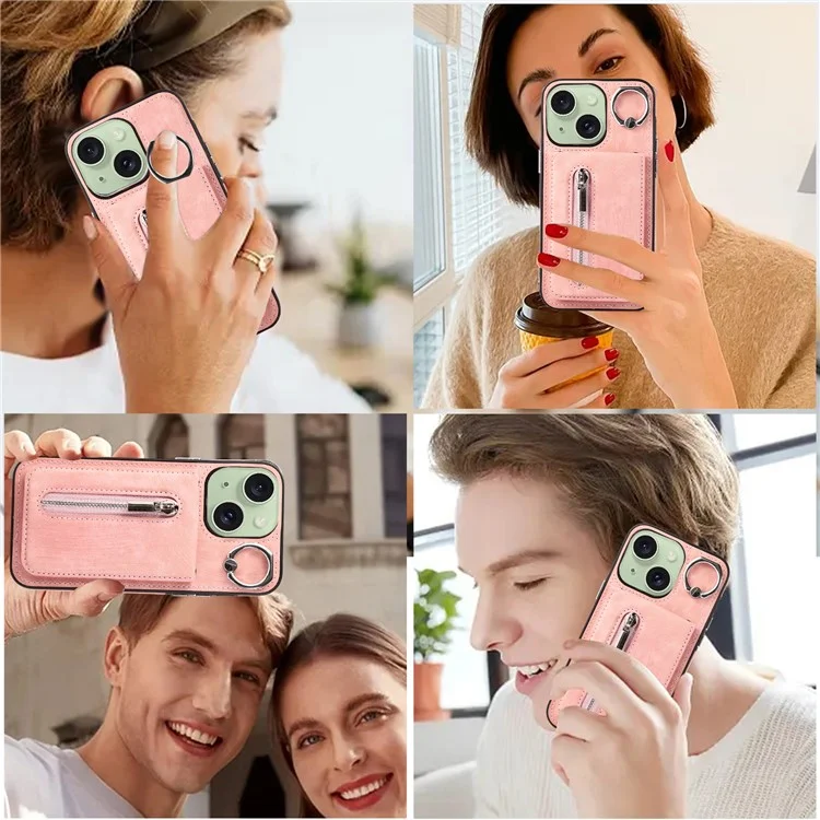 Kickstand Zipper Pocket Phone Case für iPhone 15 Plus, PU-Leder beschichtetes TPU-Cover mit Handgriff - Pink