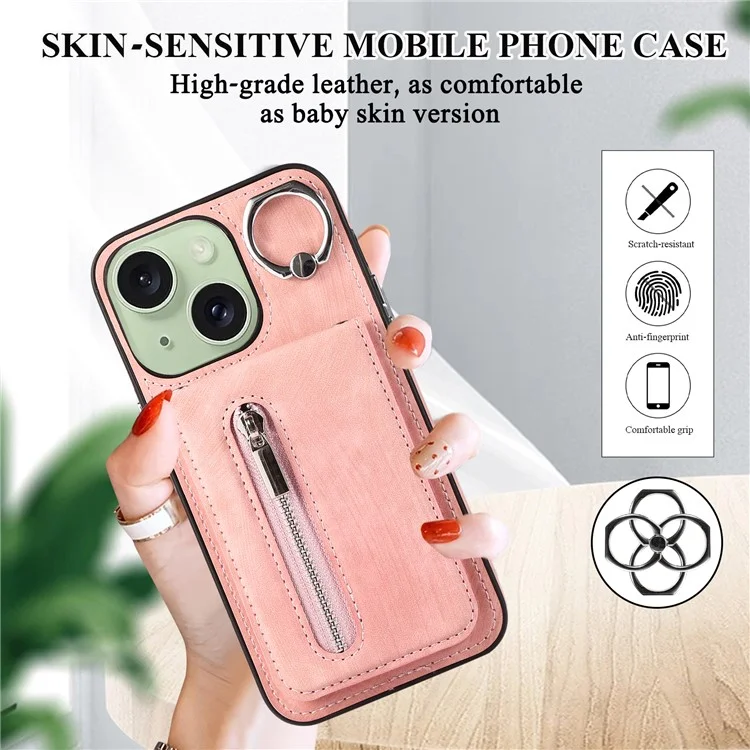 Kickstand Zipper Pocket Phone Case für iPhone 15 Plus, PU-Leder beschichtetes TPU-Cover mit Handgriff - Pink
